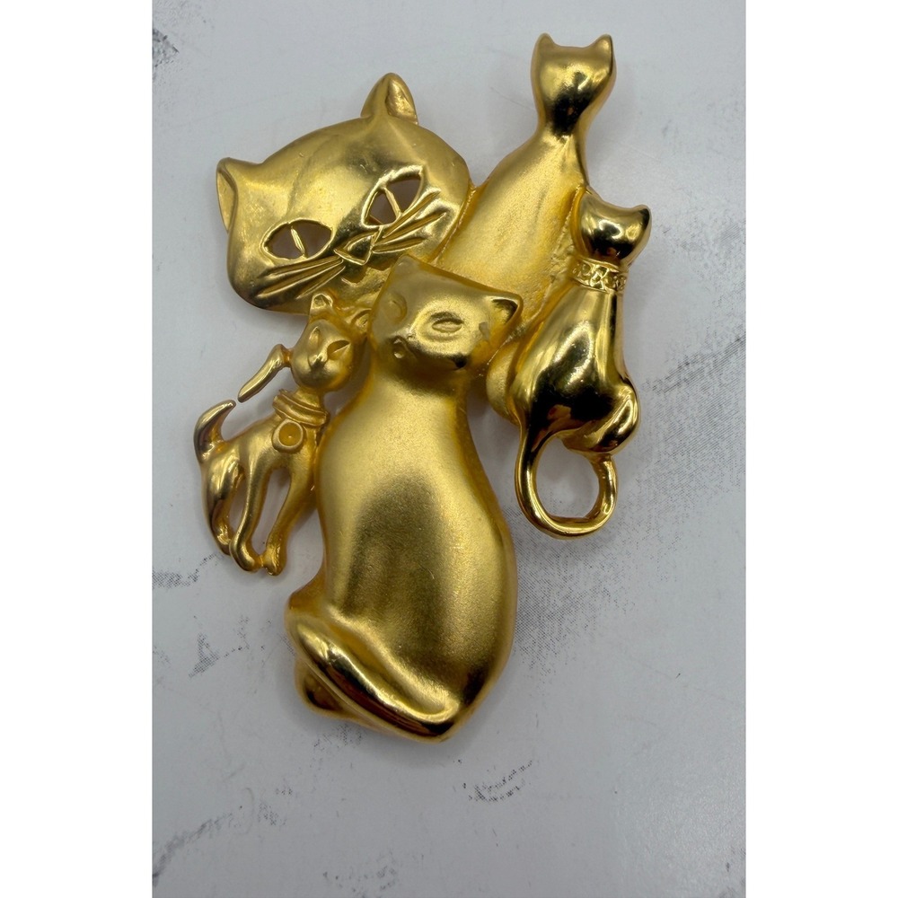 M Jent Cat Family Brooch Gold‎ Tone Figural 5 Cats Kitty Kitten Pin 2.5"